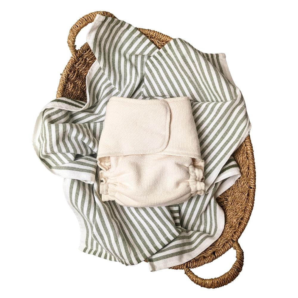 Made to Order | 100% USA Organic Cotton Snapless Fitted Cloth Diaper with Trifold Insert | Natural