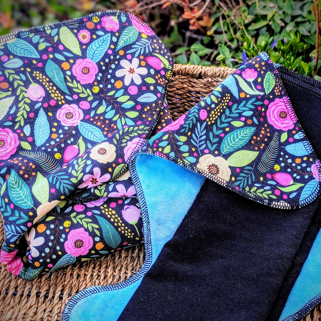 Fixed Flat Cloth Diaper | Regular Absorbency | Dark Floral w/Ice Blue Velour Inner