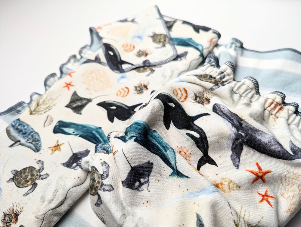 Stretchy Fitted Cloth Diaper | Organic Cotton | Regular Wetter Trifold Insert | Deep Blue Sea/Galway