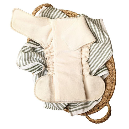 Made to Order | 100% USA Organic Cotton Snapless Fitted Cloth Diaper with Trifold Insert | Natural