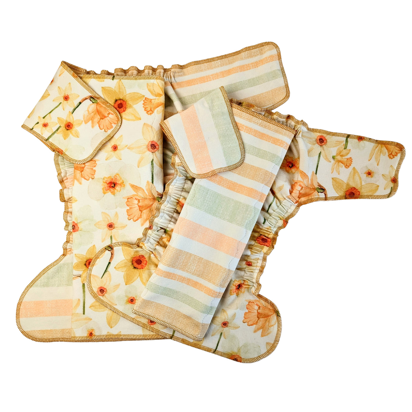 Stretchy Fitted Cloth Diaper | Organic Cotton | Regular Wetter Trifold Insert | Peach Daffodils (Bone)/Spring Stripe (Canary Green)