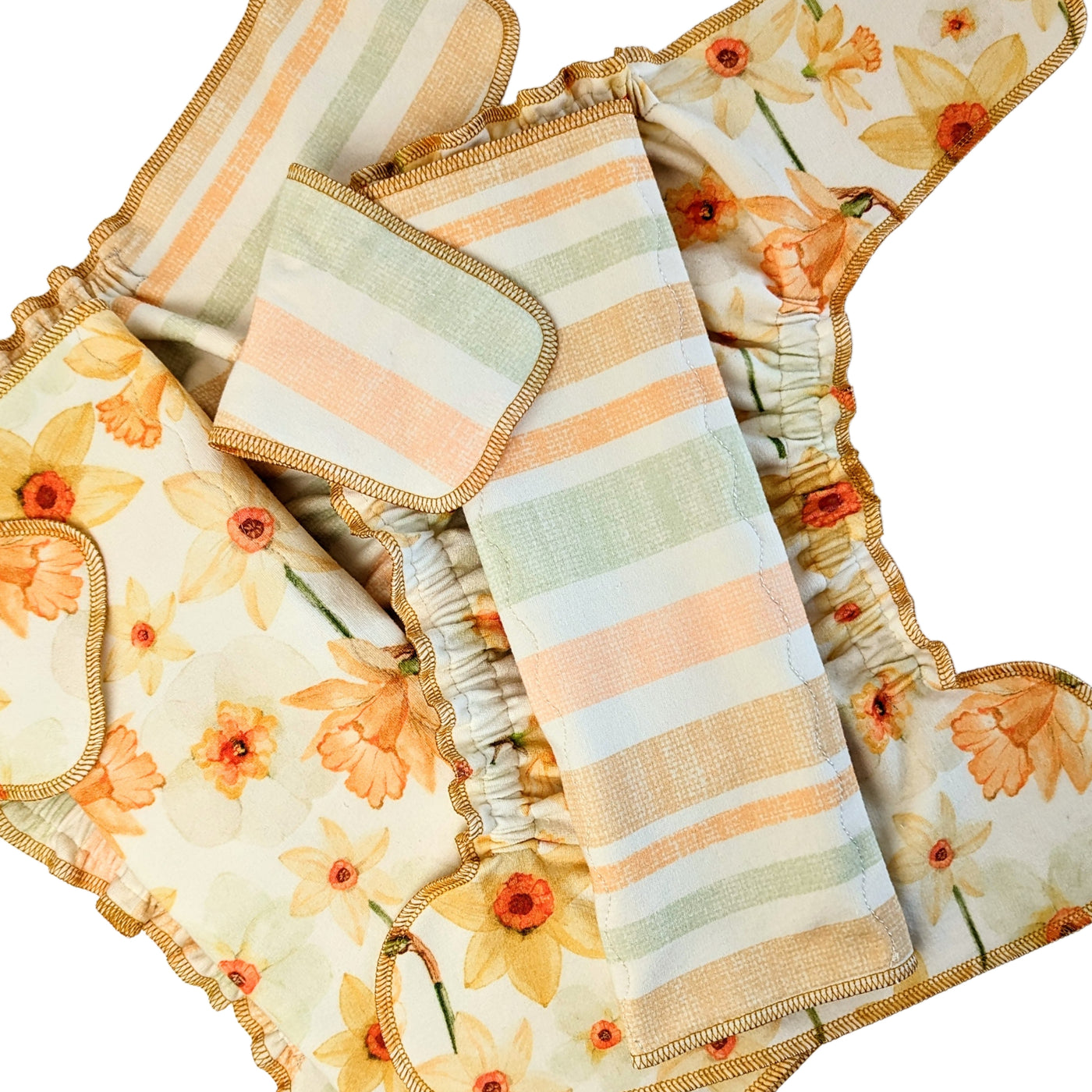 Stretchy Fitted Cloth Diaper | Organic Cotton | Regular Wetter Trifold Insert | Peach Daffodils (Bone)/Spring Stripe (Canary Green)