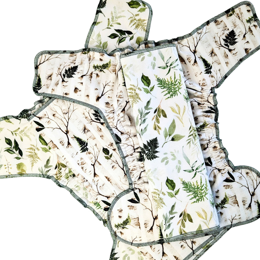 Stretchy Fitted Cloth Diaper | Organic Cotton | Regular Wetter Trifold Insert | Birch Tree Forest/Woodland Greenery Leaves