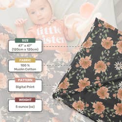 Mini Wander | Muslin Swaddle Baby Blanket | Peony Blossoms Charcoal Gray