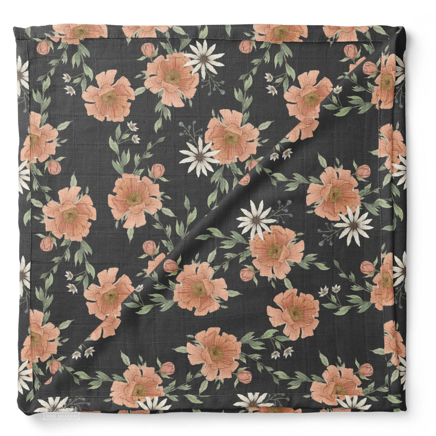 Mini Wander | Muslin Swaddle Baby Blanket | Peony Blossoms Charcoal Gray